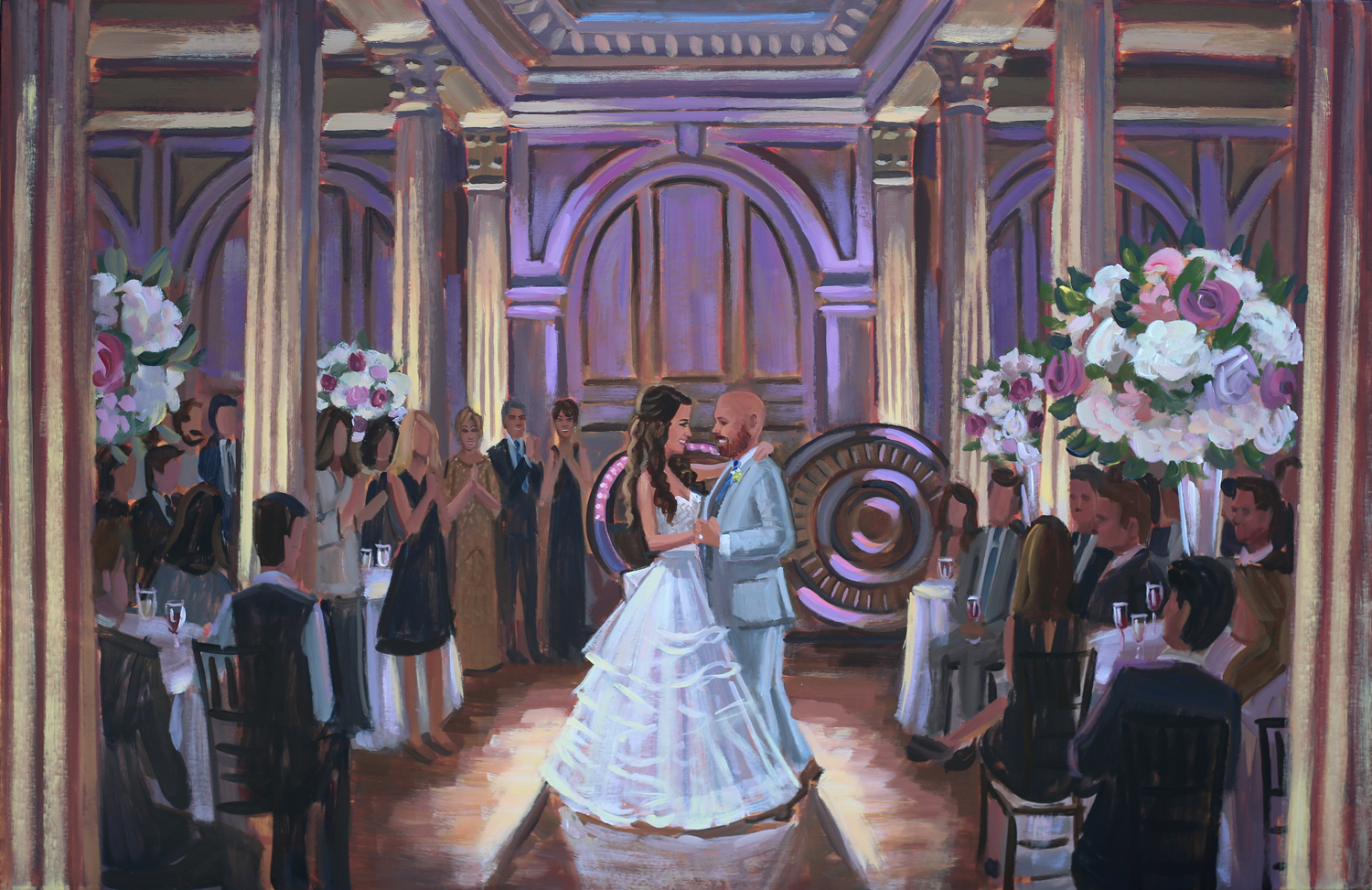 Live Wedding Painter, Ben Keys, captured Rob + Leslie's first dance at their reception held in historic downtown St. Augustine's Treasury on the Plaza.
