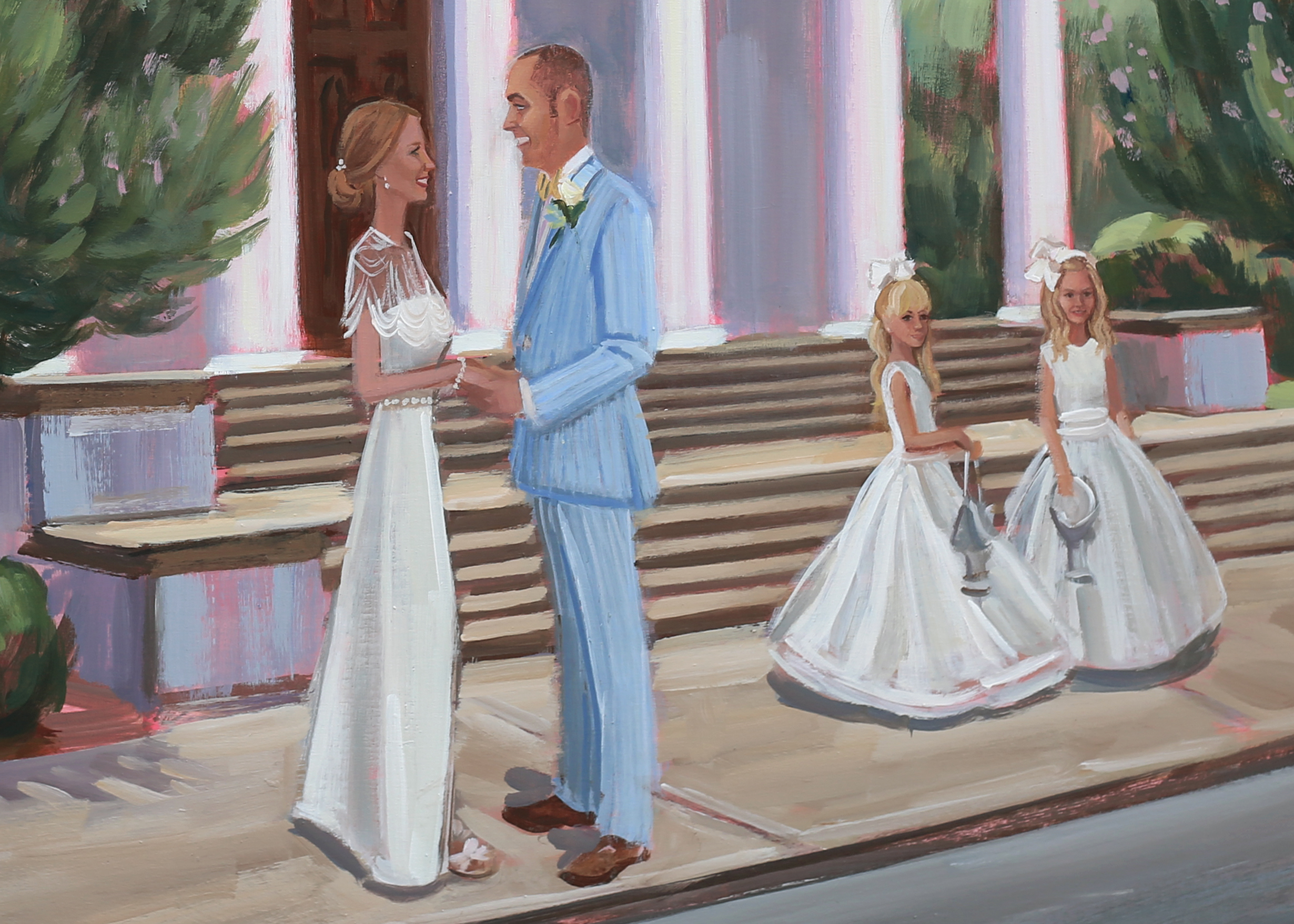 Anne + Jason captured on canvas live with their two daughter’s by Charleston’s live wedding painter, Ben Keys, of Wed on Canvas.