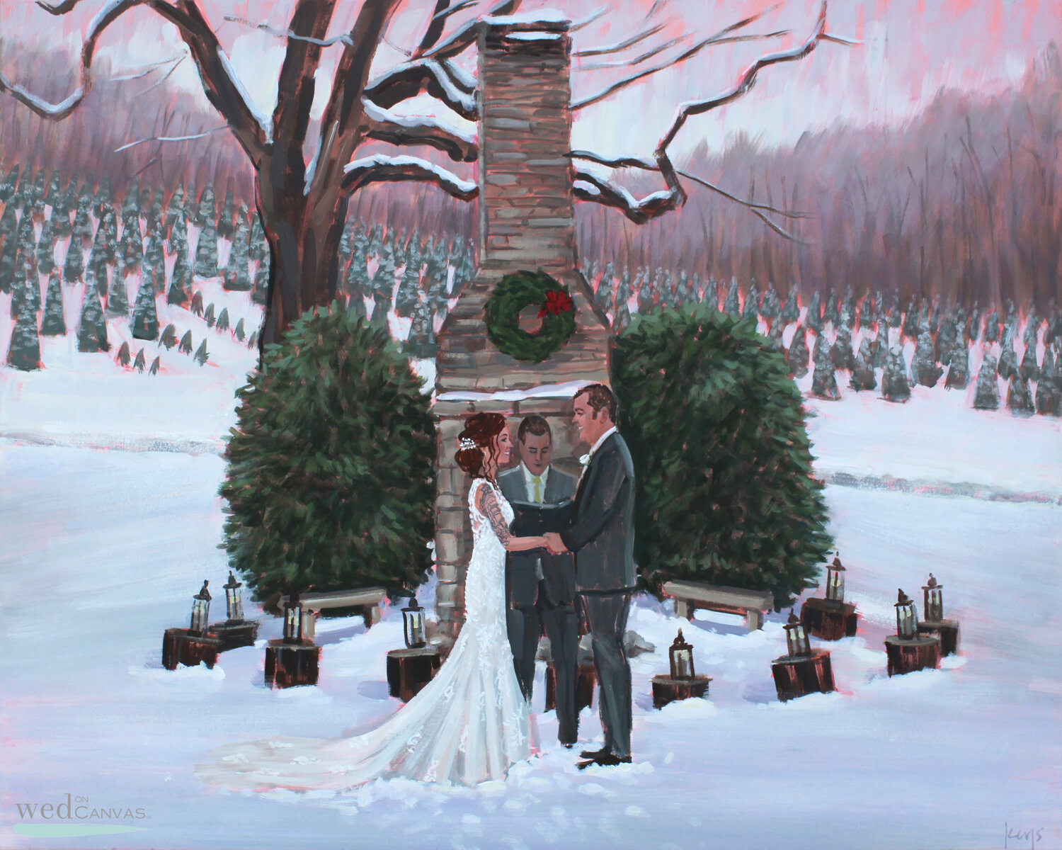 Live Wedding Painting created during a snow storm at Sawyer Family Farmstead in Cashiers, NC.
