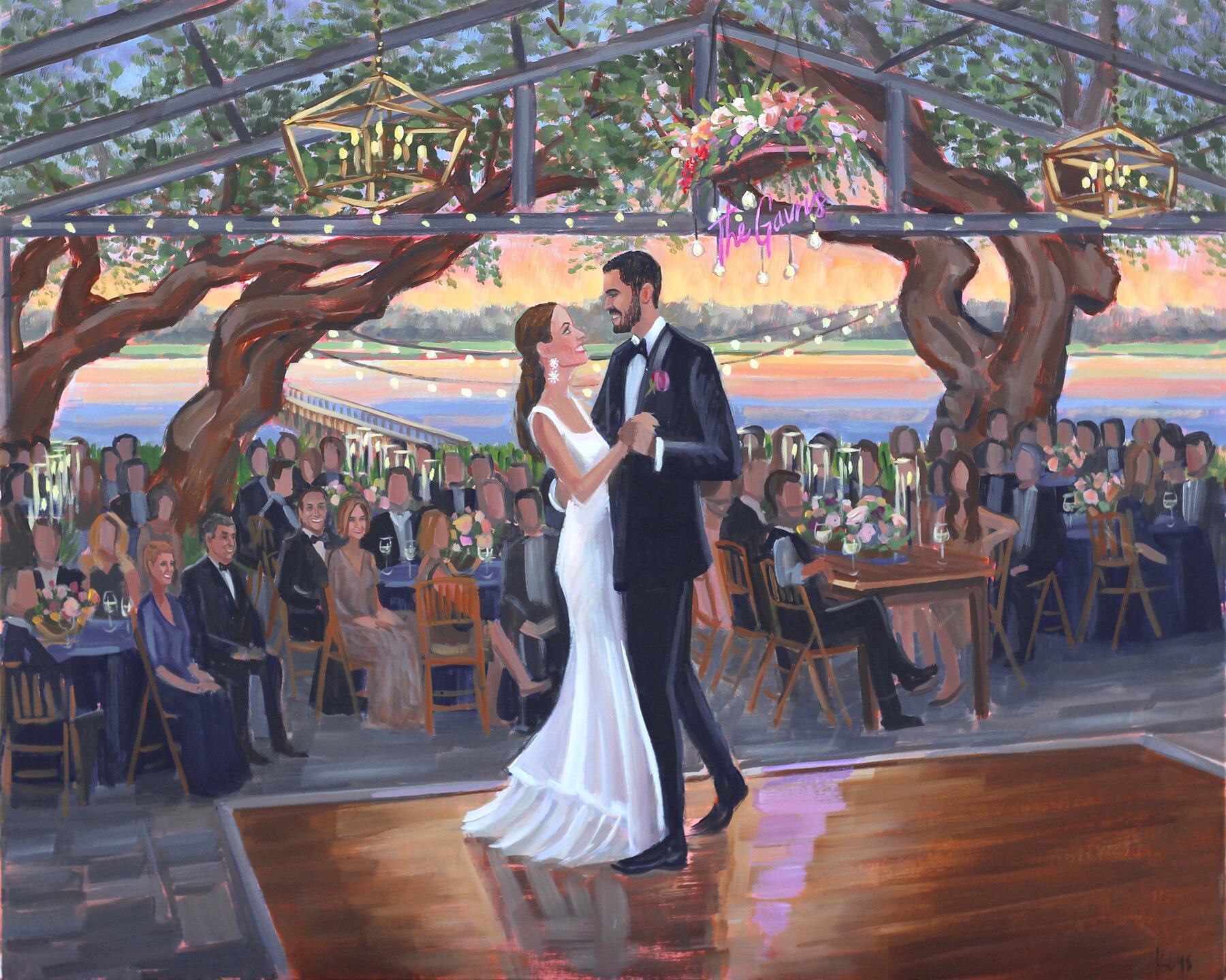 Lowndes Grove Live Wedding Painting of Reception with Sunset River View