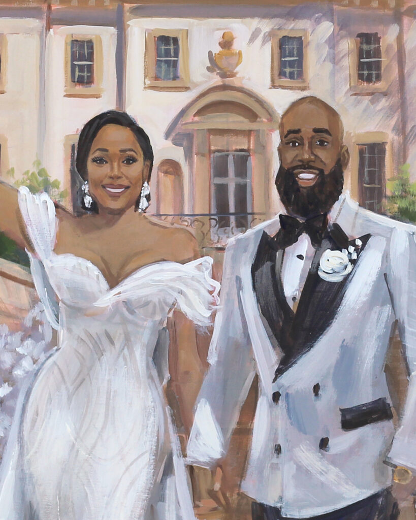 Close up of Live Painting by Ben Keys of Atlanta History Center Wedding bride and groom.