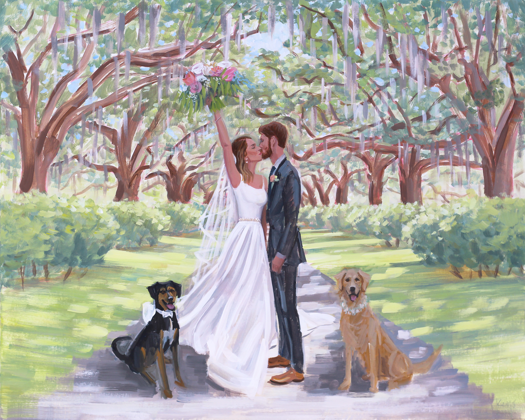 Beth and Jacob's live wedding painting, Charleston backyard wedding